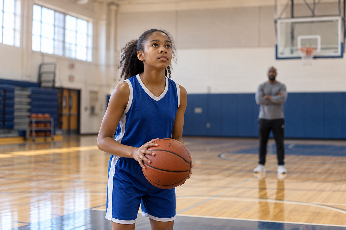 A youth basketball player preparing for a shot
