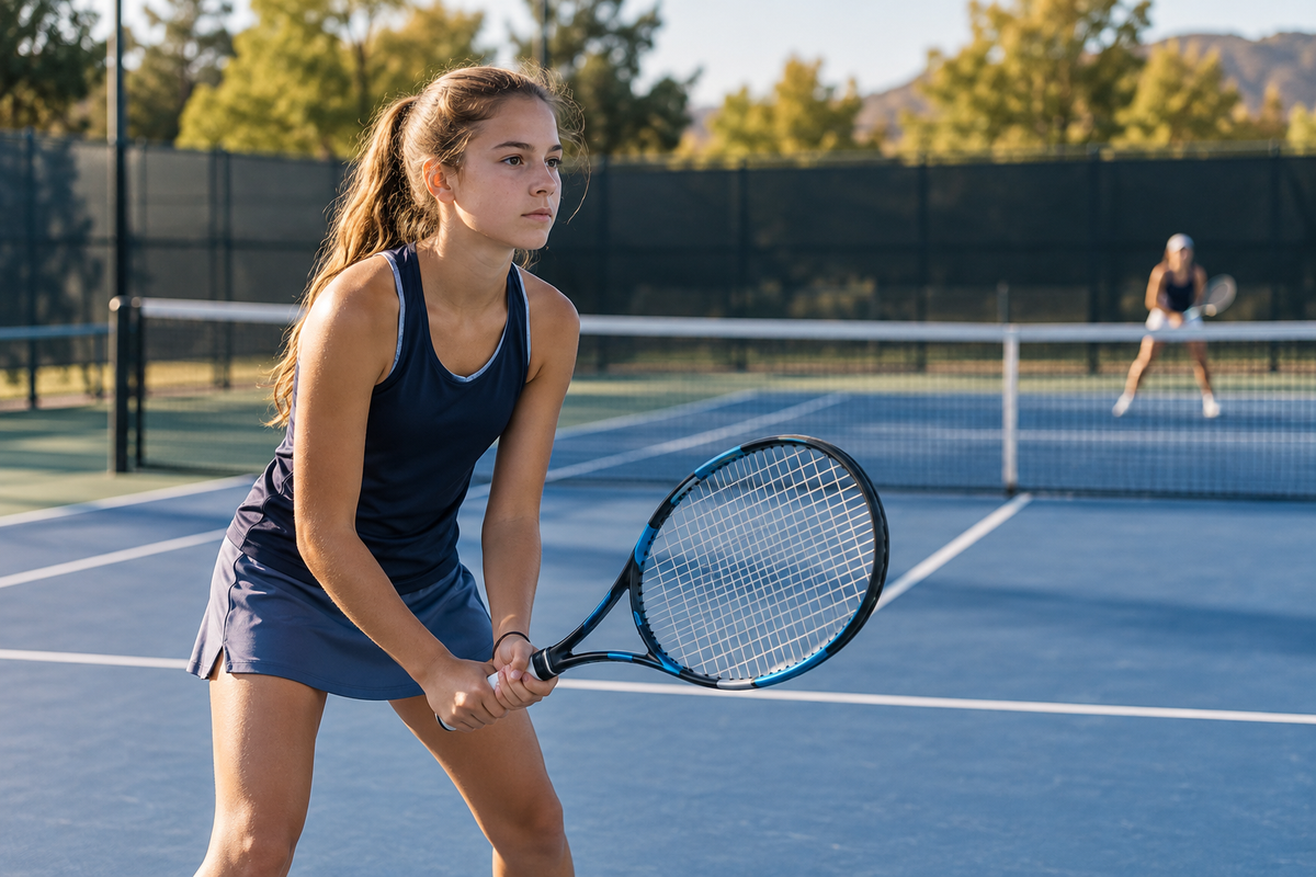 A junior tennis player focusing between points